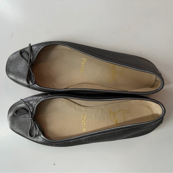 Christian Louboutin Ballerina Flats Black Leather Red Sole Bow Square Toe 34.5 - Picture 6 of 9